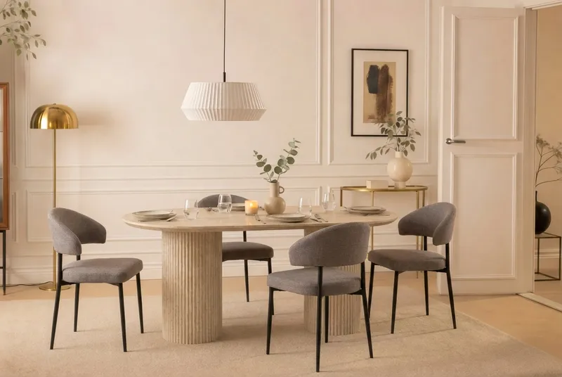 Uppveda Ovalt Spisebord 180x90 cm med 4 Sawako Greige Stole - Travertin/Greige - Møbler - Borde - Spisebordssæt