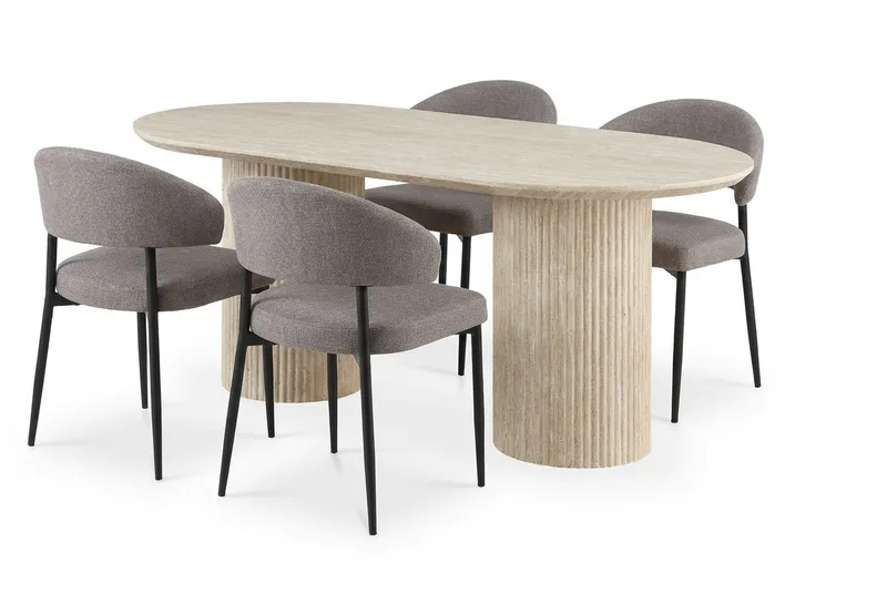 Uppveda Ovalt Spisebord 180x90 cm med 4 Sawako Greige Stole, Travertin/Greige