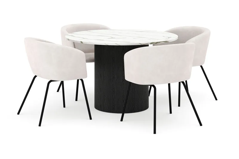 Uppveda Rundt Spisebord 120 cm med 4 Berit Stole, Sort/Hvid