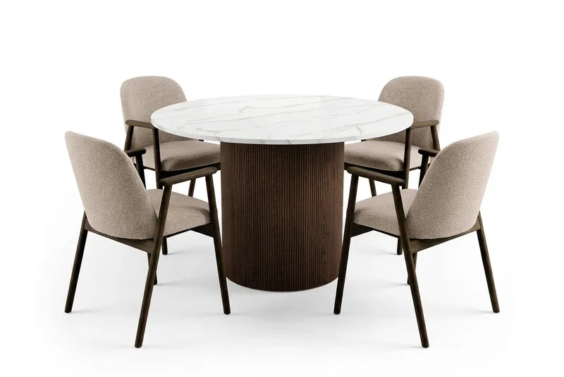 Uppveda Rundt Spisebord 120 cm med 4 Reciclar Spisestole, Hvid/Brun/Greige