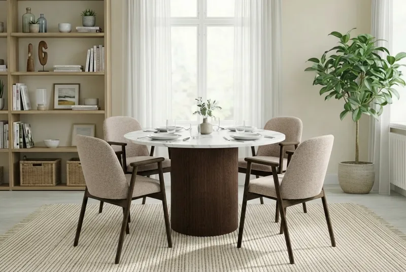 Uppveda Rundt Spisebord 120 cm med 4 Reciclar Spisestole - Hvid/Brun/Greige - Møbler - Borde - Spisebordssæt