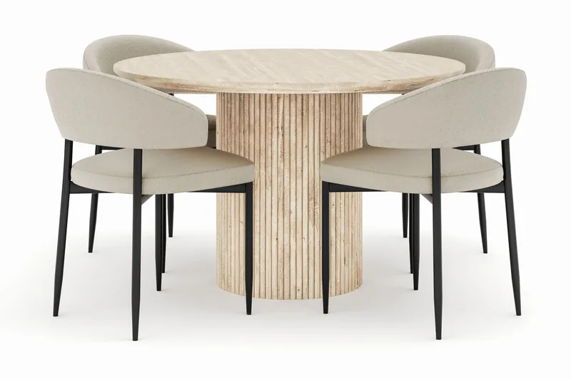 Uppveda Rundt Spisebord 120 cm med 4 Sawako Stole, Beige