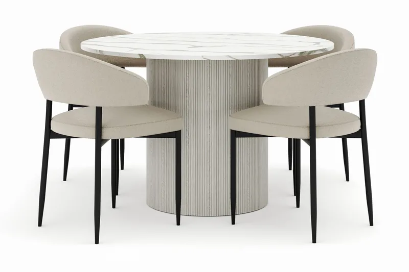 Uppveda Rundt Spisebord 120 cm med 4 Sawako Stole - Hvid - Møbler - Borde - Spisebordssæt