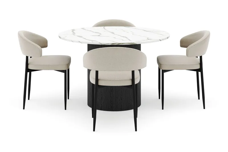 Uppveda Rundt Spisebord 120 cm med 4 Sawako Stole - Sort/Hvid - Møbler - Borde - Spisebordssæt