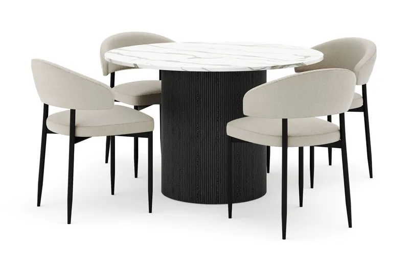 Uppveda Rundt Spisebord 120 cm med 4 Sawako Stole - Sort/Hvid - Møbler - Borde - Spisebordssæt