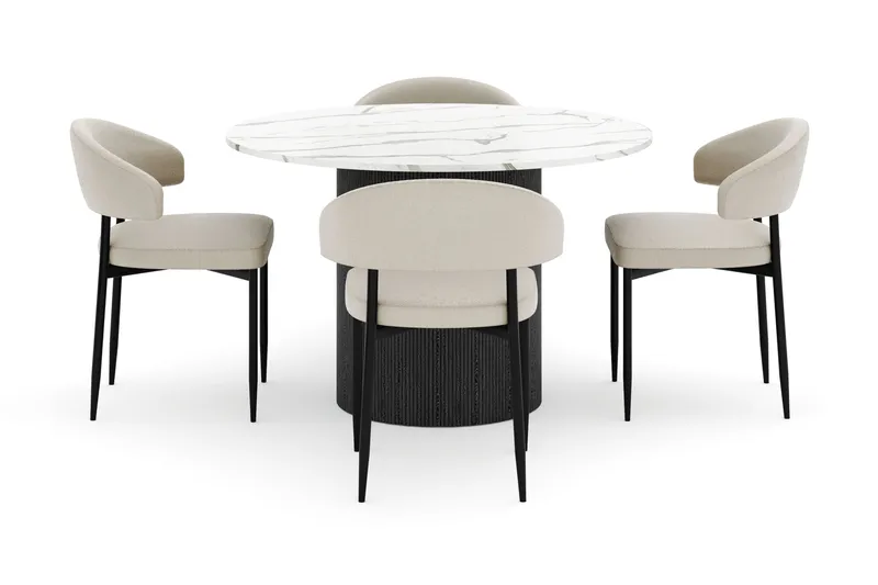 Uppveda Rundt Spisebord 120 cm med 4 Sawako Stole - Sort/Hvid - Møbler - Borde - Spisebordssæt