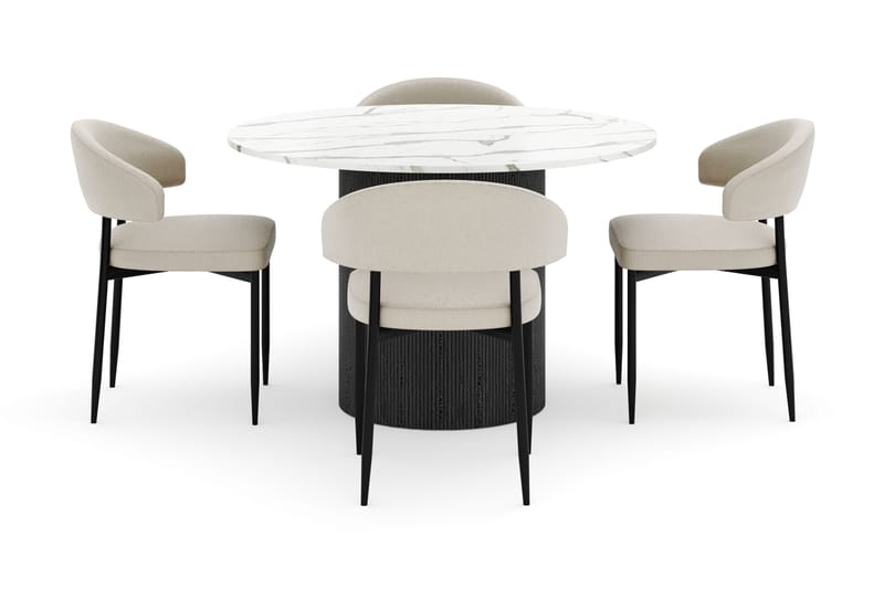 Uppveda Rundt Spisebord 120 cm med 4 Sawako Stole - Sort/Hvid - Møbler - Borde - Spisebordssæt
