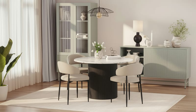 Uppveda Rundt Spisebord 120 cm med 4 Sawako Stole - Sort/Hvid - Møbler - Borde - Spisebordssæt