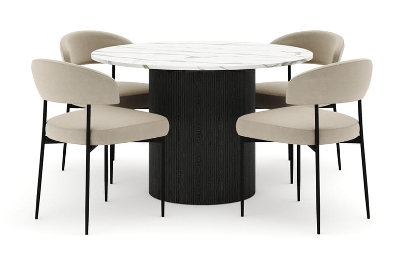 Uppveda Rundt Spisebord 120 cm med 4 Sawako Stole - Sort/Hvid - Møbler - Borde - Spisebordssæt