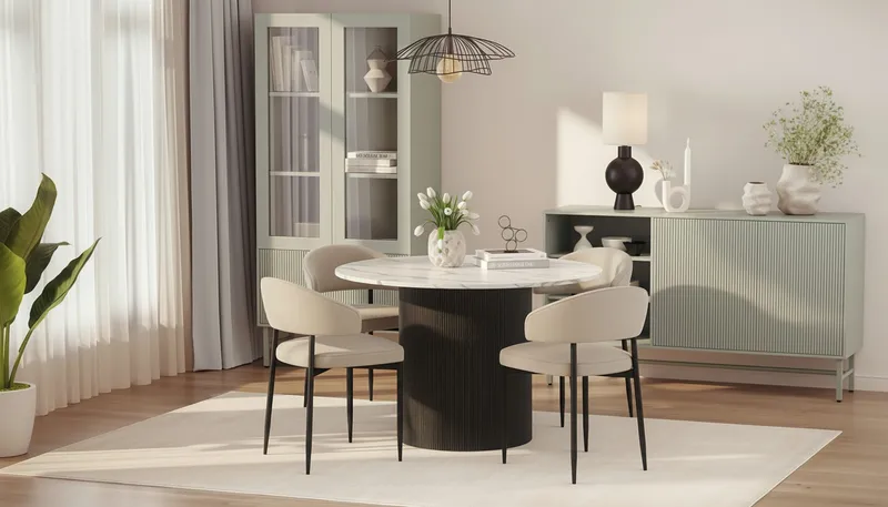 Uppveda Rundt Spisebord 120 cm med 4 Sawako Stole - Sort/Hvid - Møbler - Borde - Spisebordssæt