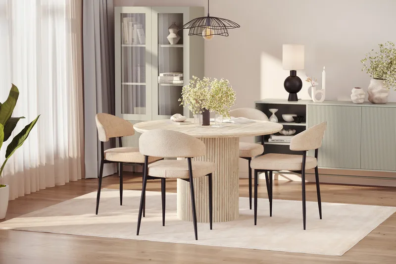 Uppveda Rundt Spisebord 120 cm med travertin-look med 4 stk. Jairam Spisebordsstole - Beige - Møbler - Borde - Spisebordssæt