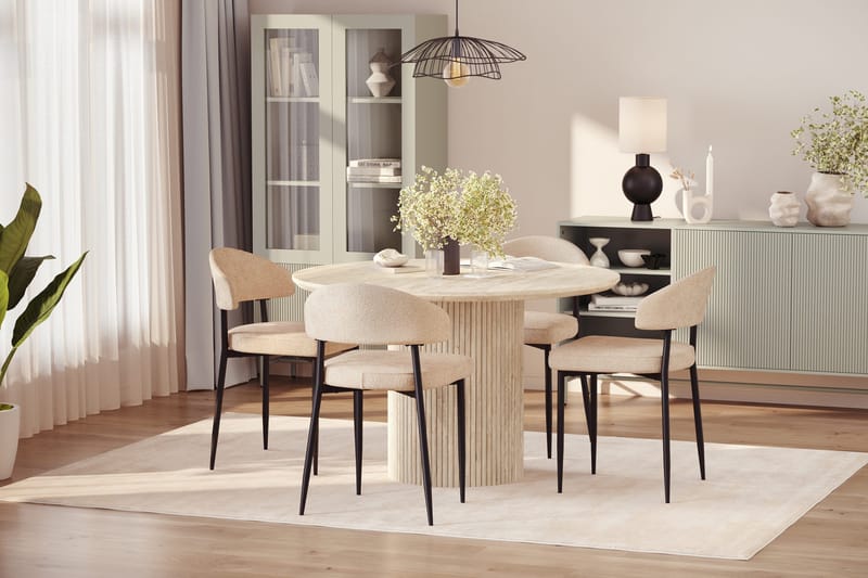 Uppveda Rundt Spisebord 120 cm med travertin-look med 4 stk. Jairam Spisebordsstole - Beige - Møbler - Borde - Spisebordssæt