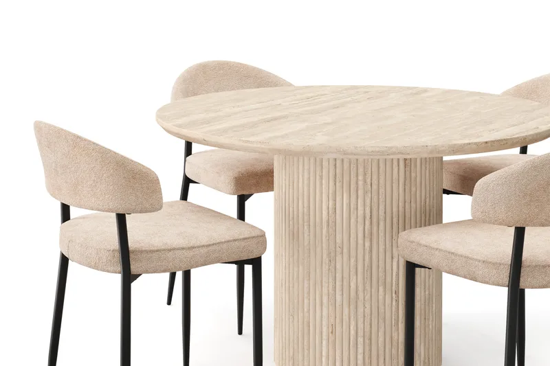 Uppveda Rundt Spisebord 120 cm med travertin-look med 4 stk. Jairam Spisebordsstole - Beige - Møbler - Borde - Spisebordssæt