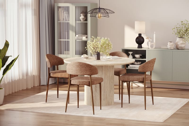 Uppveda Rundt Spisebord 120 cm med travertin-look med 4 stk. Jairam Spisebordsstole - Beige - Møbler - Borde - Spisebordssæt