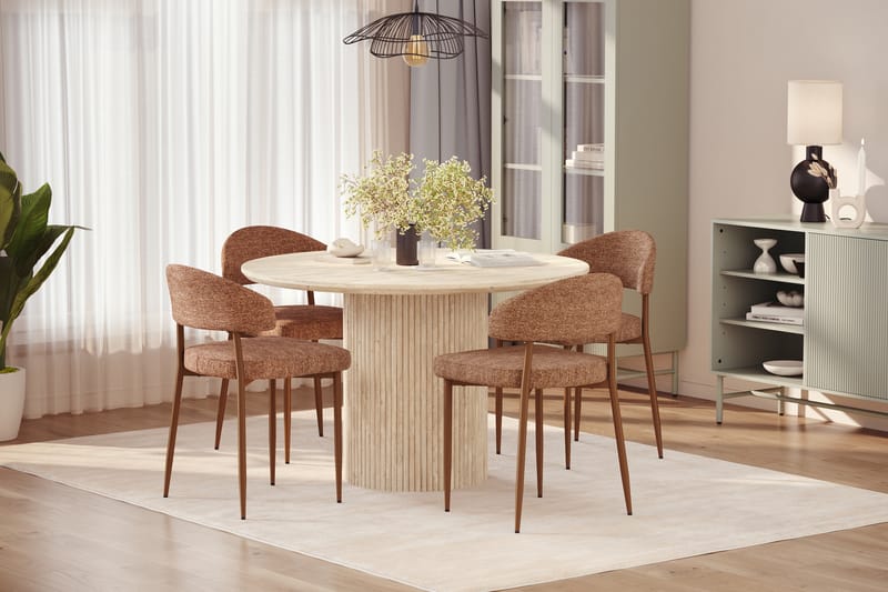 Uppveda Rundt Spisebord 120 cm med travertin-look med 4 stk. Jairam Spisebordsstole - Beige - Møbler - Borde - Spisebordssæt