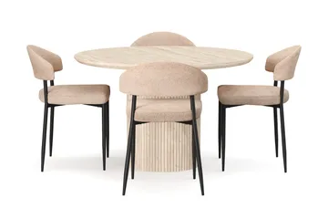 Uppveda Rundt Spisebord 120 cm med travertin-look med 4 stk. Jairam Spisebordsstole - Beige - Møbler - Borde - Spisebordssæt
