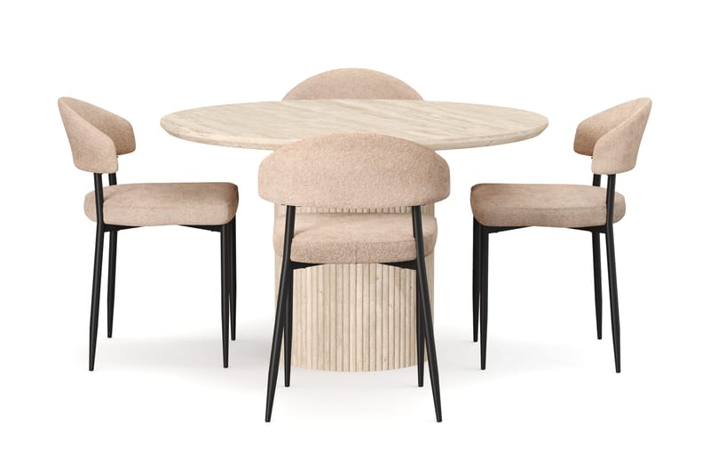 Uppveda Rundt Spisebord 120 cm med travertin-look med 4 stk. Jairam Spisebordsstole - Beige - Møbler - Borde - Spisebordssæt