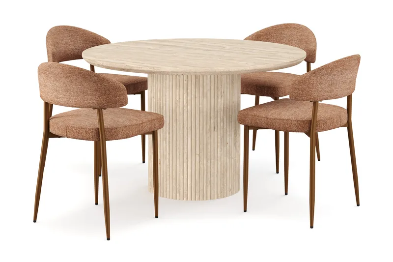 Uppveda Rundt Spisebord 120 cm med travertin-look med 4 stk. Jairam Spisebordsstole, Beige