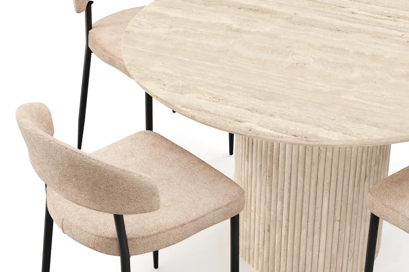 Uppveda Rundt Spisebord 120 cm med travertin-look med 4 stk. Jairam Spisebordsstole - Beige - Møbler - Borde - Spisebordssæt