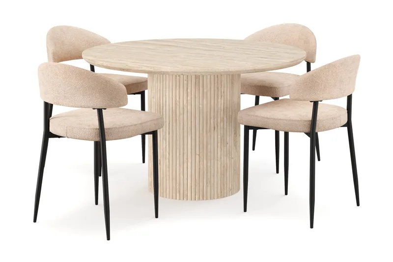 Uppveda Rundt Spisebord 120 cm med travertin-look med 4 stk. Jairam Spisebordsstole, Beige