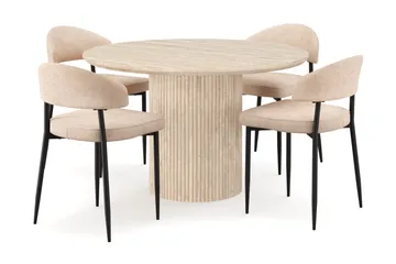 Uppveda Rundt Spisebord 120 cm med travertin-look med 4 stk. Jairam Spisebordsstole - Beige - Møbler - Borde - Spisebordssæt