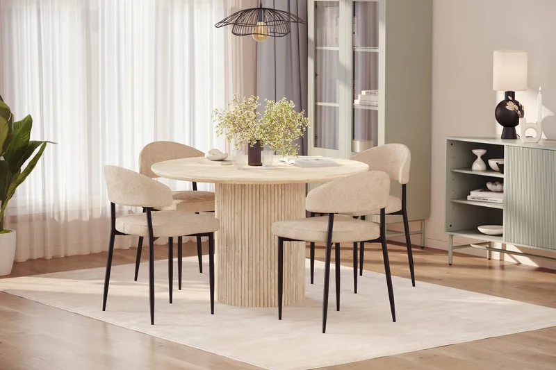 Uppveda Rundt Spisebord 120 cm med travertin-look med 4 stk. Jairam Spisebordsstole - Beige - Møbler - Borde - Spisebordssæt