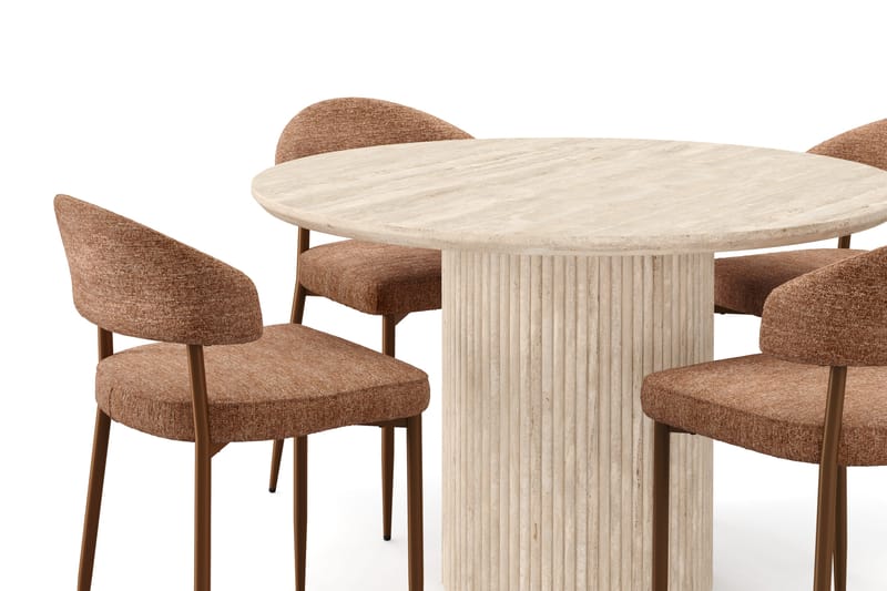 Uppveda Rundt Spisebord 120 cm med travertin-look med 4 stk. Jairam Spisebordsstole - Beige - Møbler - Borde - Spisebordssæt