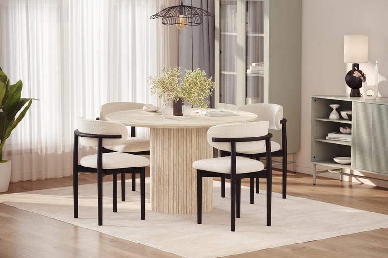 Uppveda Rundt Spisebord 120 cm med travertin-look med 4 stk. Jaiveer Spisebordsstole - Beige - Møbler - Borde - Spisebordssæt
