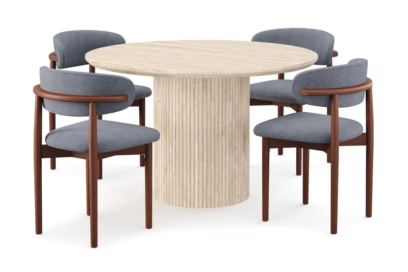 Uppveda Rundt Spisebord 120 cm med travertin-look med 4 stk. Jaiveer Spisebordsstole, Beige