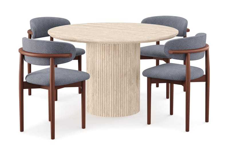 Uppveda Rundt Spisebord 120 cm med travertin-look med 4 stk. Jaiveer Spisebordsstole, Beige
