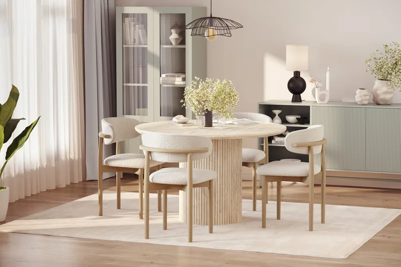 Uppveda Rundt Spisebord 120 cm med travertin-look med 4 stk. Jaiveer Spisebordsstole - Beige - Møbler - Borde - Spisebordssæt