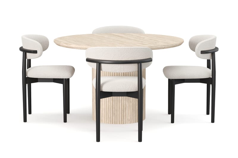 Uppveda Rundt Spisebord 120 cm med travertin-look med 4 stk. Jaiveer Spisebordsstole - Beige - Møbler - Borde - Spisebordssæt