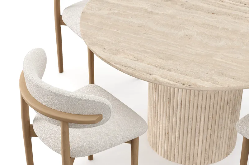 Uppveda Rundt Spisebord 120 cm med travertin-look med 4 stk. Jaiveer Spisebordsstole - Beige - Møbler - Borde - Spisebordssæt