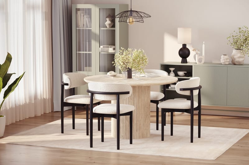 Uppveda Rundt Spisebord 120 cm med travertin-look med 4 stk. Jaiveer Spisebordsstole - Beige - Møbler - Borde - Spisebordssæt