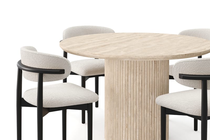 Uppveda Rundt Spisebord 120 cm med travertin-look med 4 stk. Jaiveer Spisebordsstole - Beige - Møbler - Borde - Spisebordssæt