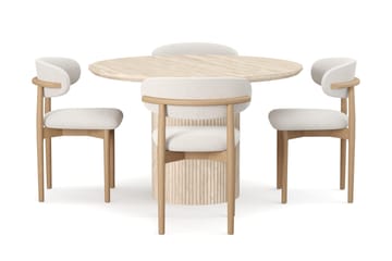 Uppveda Rundt Spisebord 120 cm med travertin-look med 4 stk. Jaiveer Spisebordsstole - Beige - Møbler - Borde - Spisebordssæt
