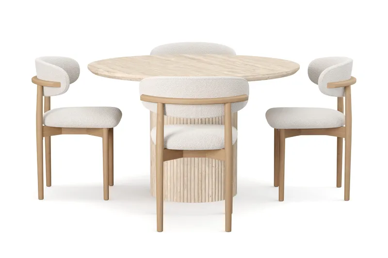 Uppveda Rundt Spisebord 120 cm med travertin-look med 4 stk. Jaiveer Spisebordsstole - Beige - Møbler - Borde - Spisebordssæt