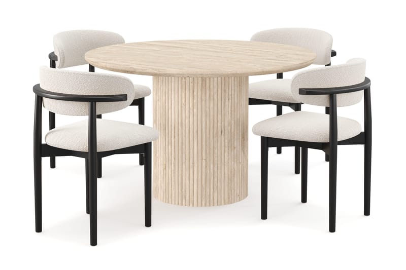 Uppveda Rundt Spisebord 120 cm med travertin-look med 4 stk. Jaiveer Spisebordsstole, Beige