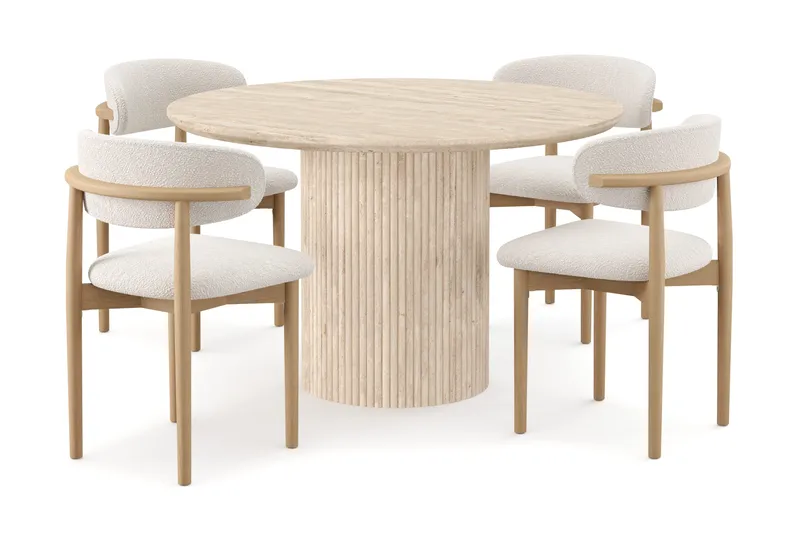 Uppveda Rundt Spisebord 120 cm med travertin-look med 4 stk. Jaiveer Spisebordsstole, Beige