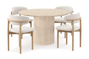 Uppveda Rundt Spisebord 120 cm med travertin-look med 4 stk. Jaiveer Spisebordsstole - Beige - Møbler - Borde - Spisebordssæt