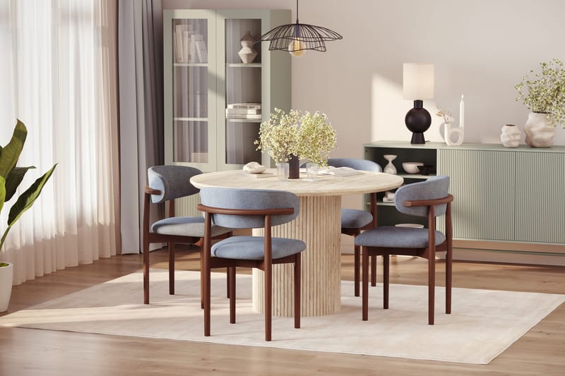 Uppveda Rundt Spisebord 120 cm med travertin-look med 4 stk. Jaiveer Spisebordsstole - Beige - Møbler - Borde - Spisebordssæt