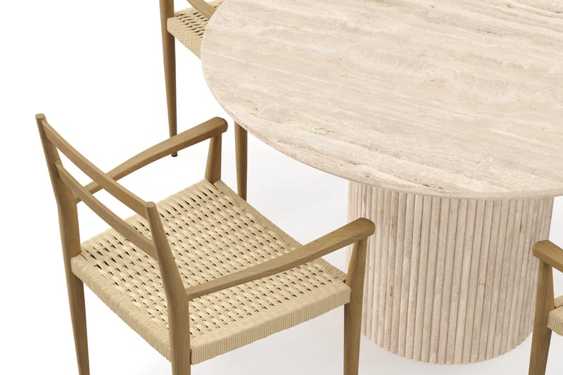 Uppveda Rundt Spisebord 120 cm med travertin-look med 4 stk. Jamna Armlænssstole - Beige - Møbler - Borde - Spisebordssæt