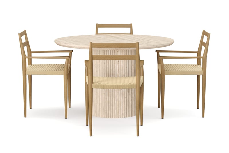 Uppveda Rundt Spisebord 120 cm med travertin-look med 4 stk. Jamna Armlænssstole - Beige - Møbler - Borde - Spisebordssæt