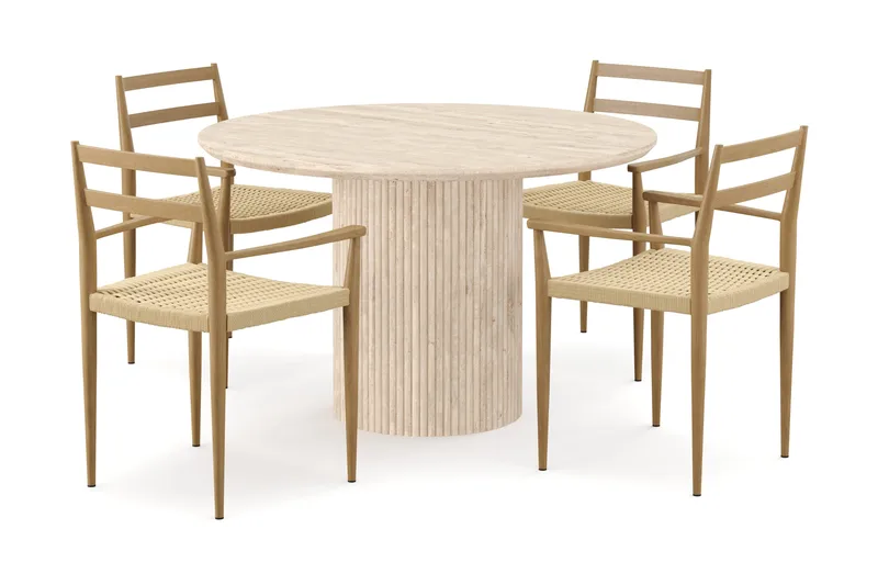 Uppveda Rundt Spisebord 120 cm med travertin-look med 4 stk. Jamna Armlænssstole, Beige