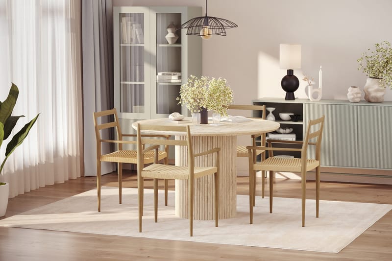 Uppveda Rundt Spisebord 120 cm med travertin-look med 4 stk. Jamna Armlænssstole - Beige - Møbler - Borde - Spisebordssæt