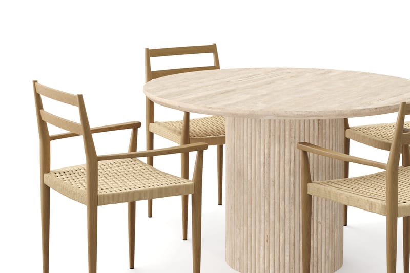 Uppveda Rundt Spisebord 120 cm med travertin-look med 4 stk. Jamna Armlænssstole - Beige - Møbler - Borde - Spisebordssæt