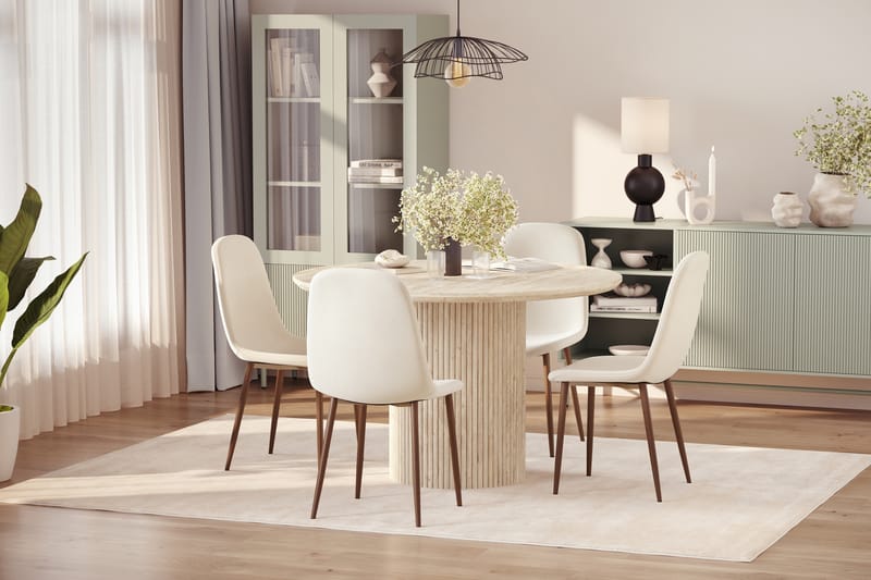 Uppveda Rundt Spisebord 120 cm med travertin-look med 4 stk. Nibe Spisebordsstole - Beige - Møbler - Borde - Spisebordssæt