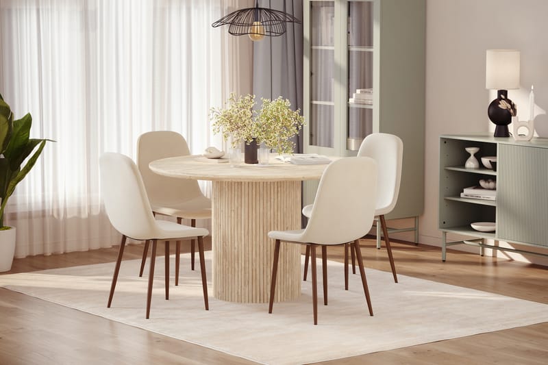 Uppveda Rundt Spisebord 120 cm med travertin-look med 4 stk. Nibe Spisebordsstole - Beige - Møbler - Borde - Spisebordssæt