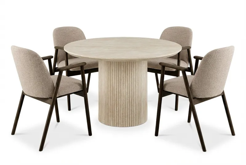 Uppveda Rundt Spisebord 120 cm Travertin med 4 Reciclar Spisestole, Travertin/Greige