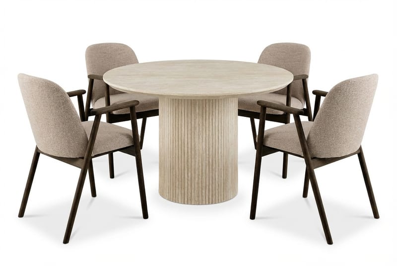 Uppveda Rundt Spisebord 120 cm Travertin med 4 Reciclar Spisestole, Travertin/Greige
